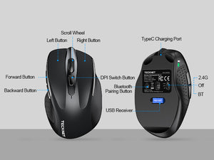 TECKNET Classic Tri-Mode Silent Mouse, Rechargeable TK-MS317