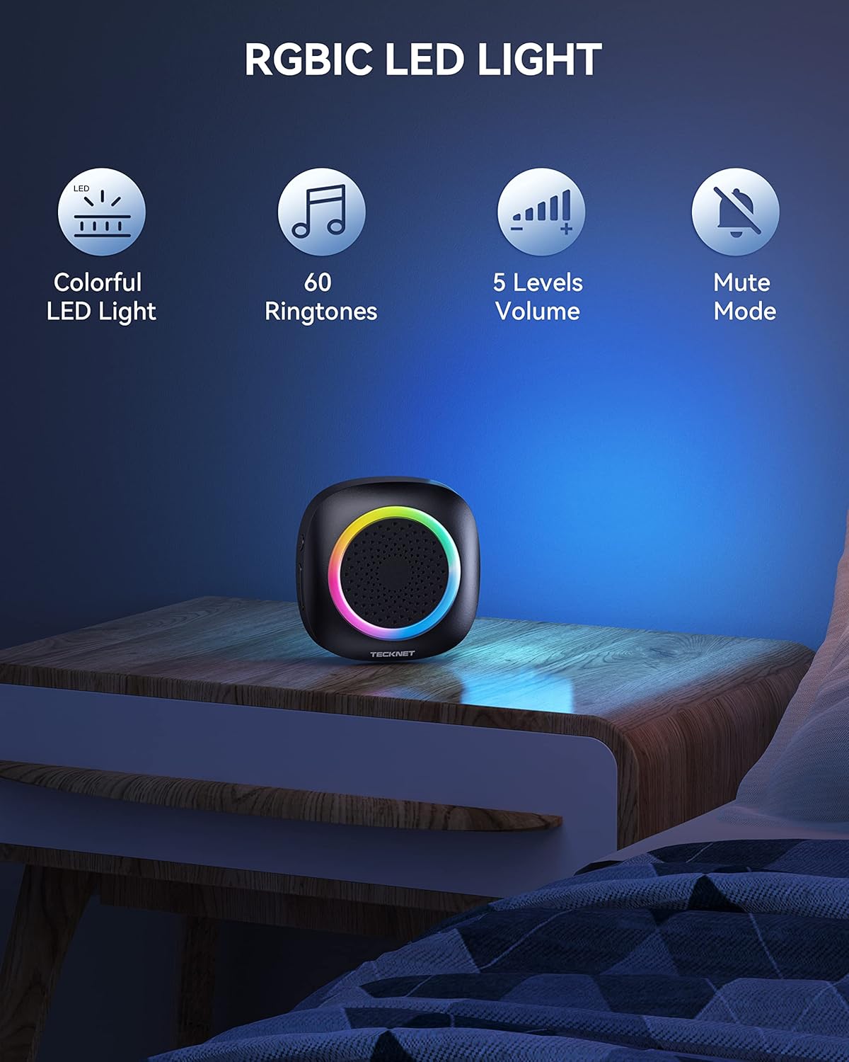 TECKNET Wireless Doorbell With 2 Portable Doorbell With RGB Light