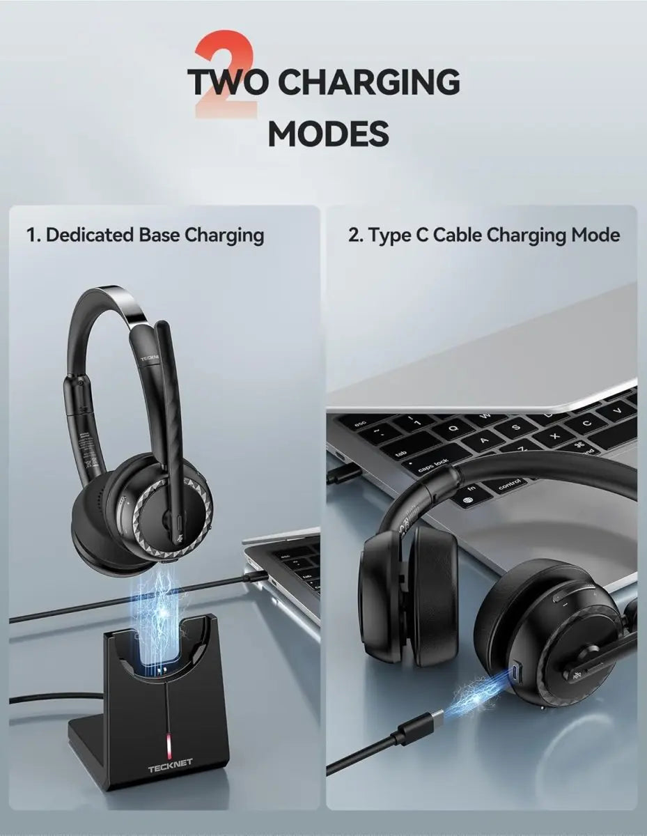 TECKNET Wireless Headset, 5.3 Bluetooth Headset with AI Noise Cancelling Mic