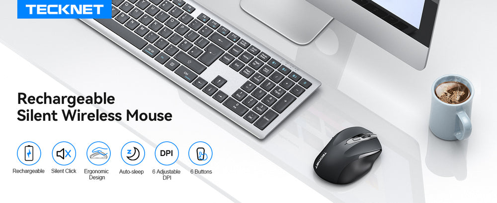 TECKNET Rechargeable Wireless Mouse, 2.4G Silent Mouse, 6 Adjustable 4