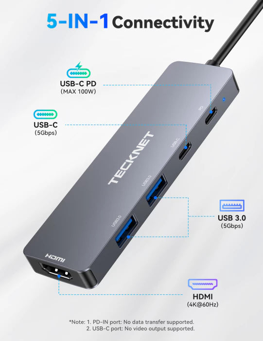 TECKNET USB C Hub 4K@60Hz, 5-in-1 USBC to HDMI Adapter with 100W Power Delivery，TK-DS003