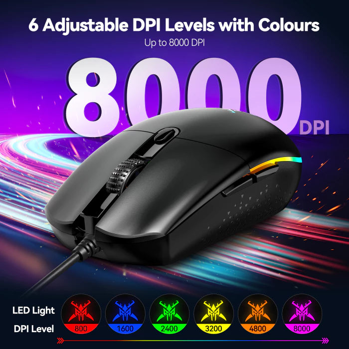 TECKNET Wired Gaming Mouse - Ergonomic Wired Mouse with 8000 DPI, 6 Programmable Buttons, RGB Backlighting, 1000Hz Polling Rate, Gaming Mice for Laptop/PC
