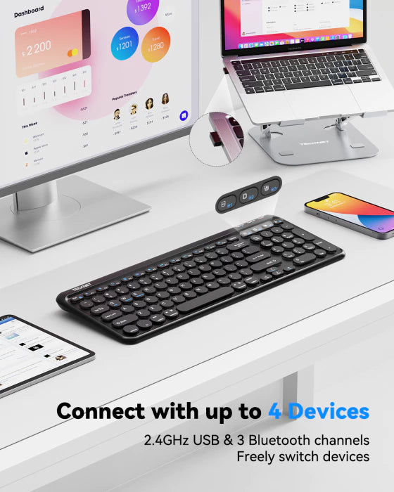 TECKNET Wireless Keyboard Bluetooth & 2.4G USB, Up to 4-Device Connection,TK-KB020