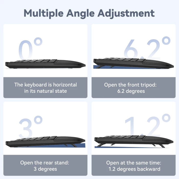 Diagram showing multiple angle adjustment of a keyboard with text labels.