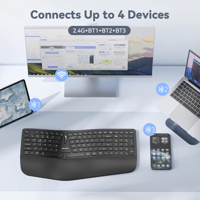 Keyboard with devices connected via Bluetooth and 2.4G technology on a white background
