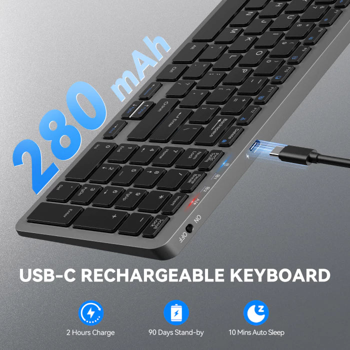 TECKNET Rechargeable Bluetooth Slim Wireless Keyboards - USB+BT Compact Keyboard with Number Pad,TK-KB041
