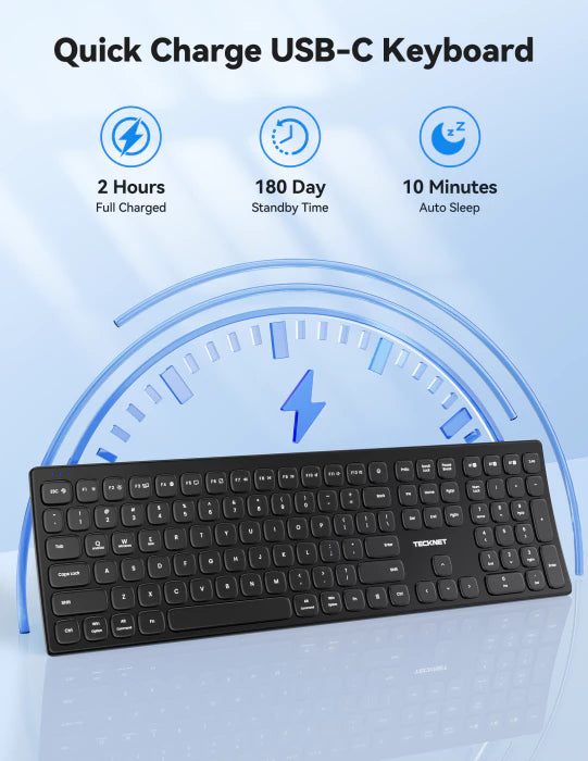 TECKNET Bluetooth wireless rechargeable keyboard with multi‑device switching (BT5.0+2.4G+wired),TK-KB045