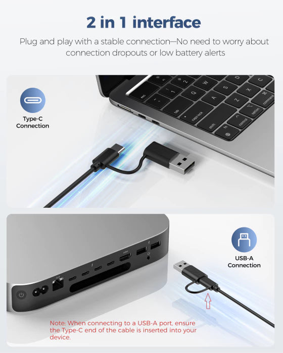 TECKNET ultra‑slim wired silent keyboard for Mac with USB & Type‑C dual interface, TK-KB049