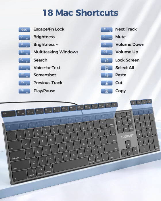 TECKNET ultra‑slim wired silent keyboard for Mac with USB & Type‑C dual interface, TK-KB049