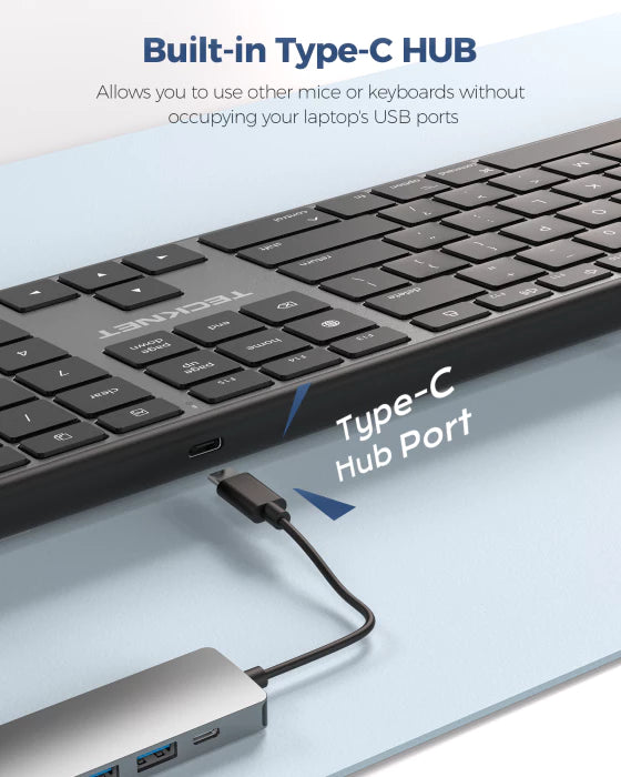 TECKNET ultra‑slim wired silent keyboard for Mac with USB & Type‑C dual interface, TK-KB049