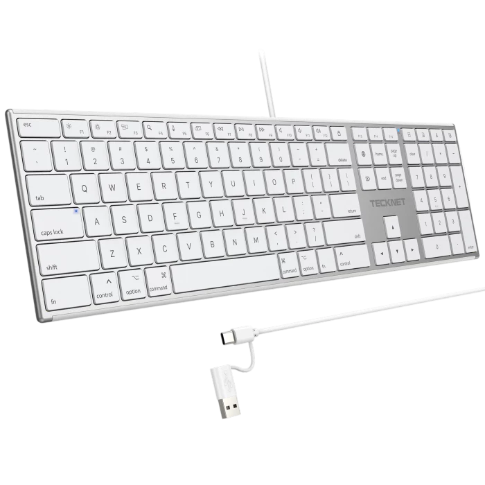 TECKNET ultra‑slim wired silent keyboard for Mac with USB & Type‑C dual interface, TK-KB049