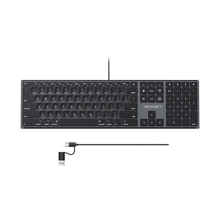 A black full-size mechanical keyboard with a gray brand plate and a separate black USB cable shown below it on a plain white background. The brand name 'TECKNET' is visible on the keyboard.