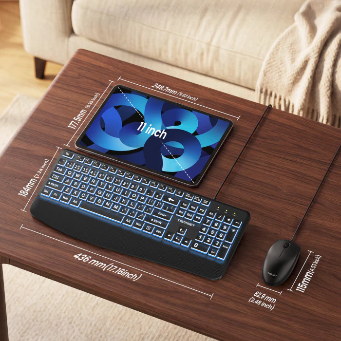 TECKNET wired keyboard and mouse combo with 7‑color backlit large print,TK-KM079