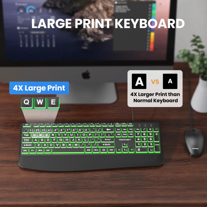 TECKNET wired keyboard and mouse combo with 7‑color backlit large print,TK-KM079