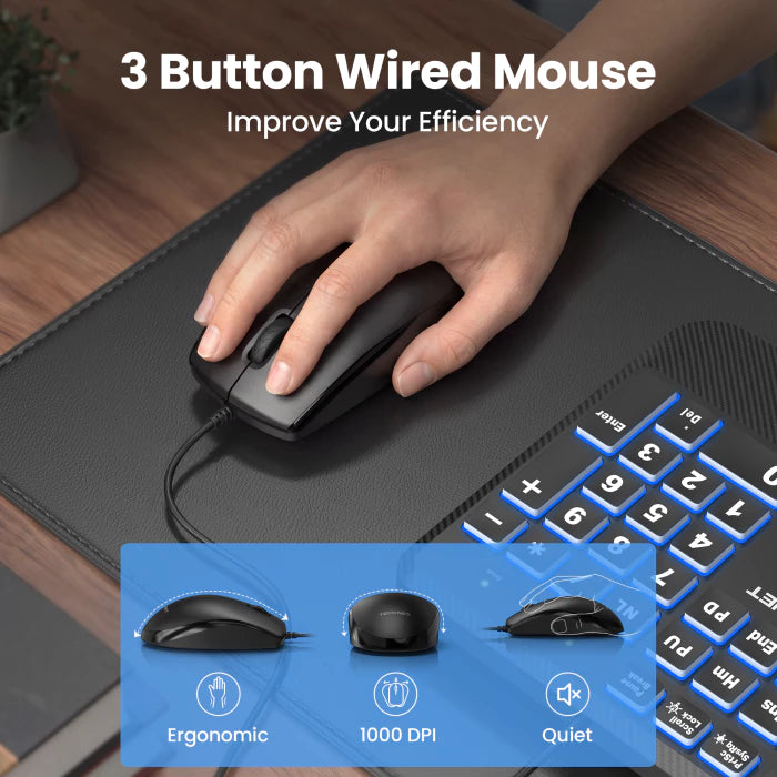 TECKNET wired keyboard and mouse combo with 7‑color backlit large print,TK-KM079