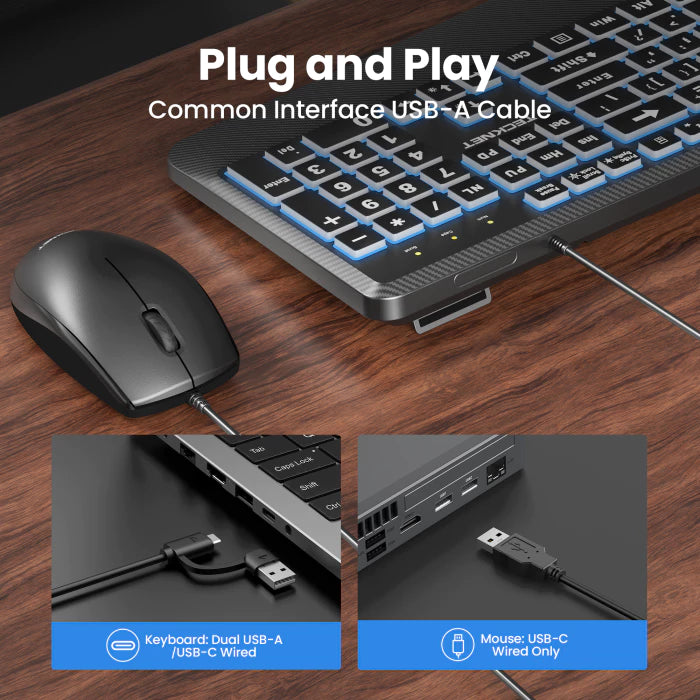TECKNET wired keyboard and mouse combo with 7‑color backlit large print,TK-KM079