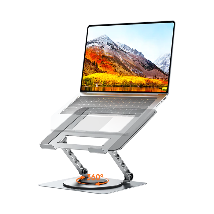 Laptop on a stand with a scenic display, on a white background