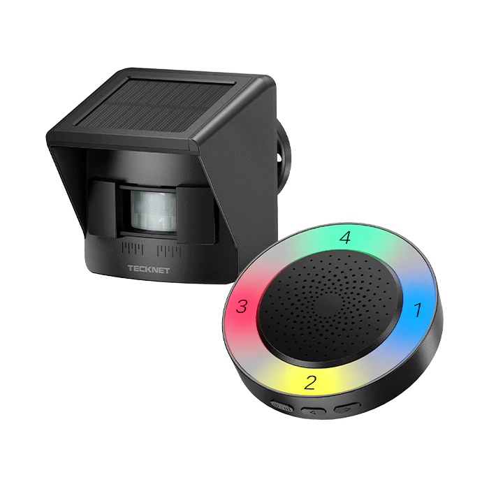 Black solar-powered motion sensor and colorful LED light on a white background