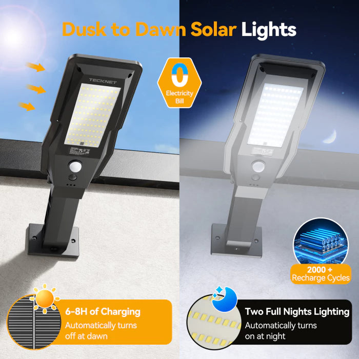 TECKNET Solar Street Lights Outdoor Waterproof - Dusk to Dawn Solar Powered Street Lights IP66, Pole & Wall, with Motion Sensor & Remote