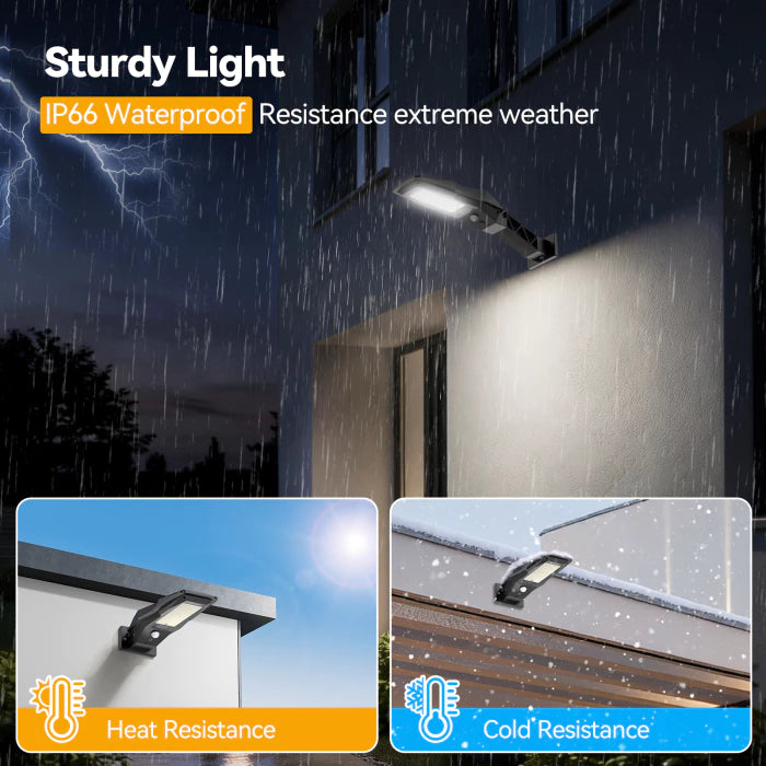 Outdoor light fixture with rain and snow resistance features, labeled 'Sturdy Light' and 'IP66 Waterproof'.