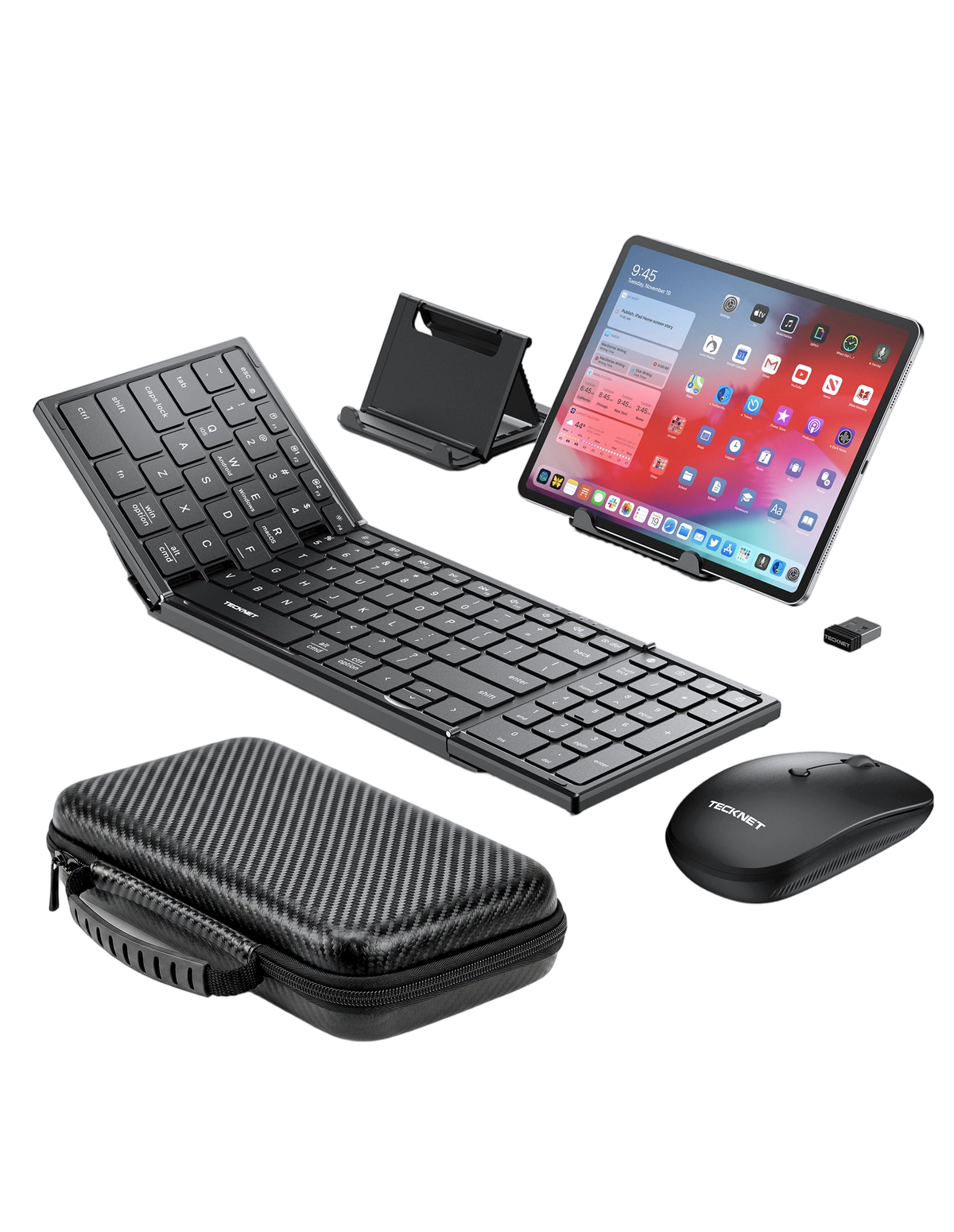 Black wireless tablet keyboard set with a foldable keyboard, tablet on stand, wireless mouse, and hard carrying case on a white background.