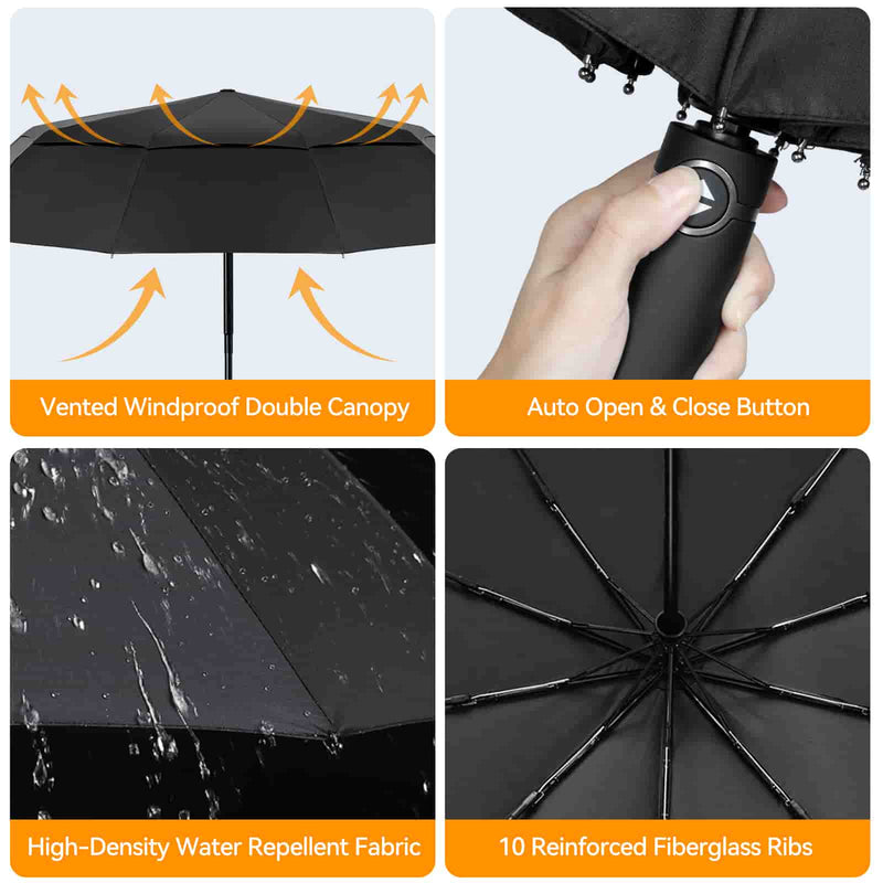 TECKNET Large Windproof Umbrella for Rain, Wind Resistant Compact Travel Folding Umbrellas with 10 Ribs, Auto Open Close