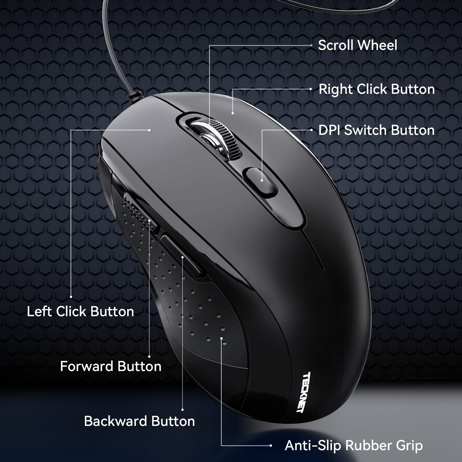 TECKNET Ergonomic 3600 DPI USB Wired Mouse