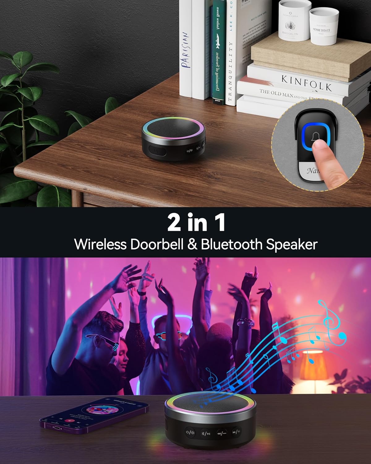 TECKNET 2-in-1 Wireless Doorbell with Bluetooth Speaker