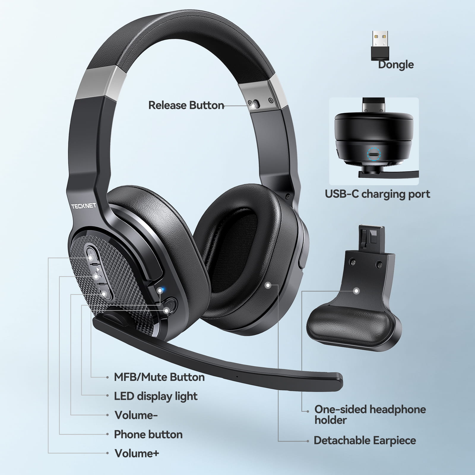 TECKNET Wireless Bluetooth Headset 3 EQ USB Dongle