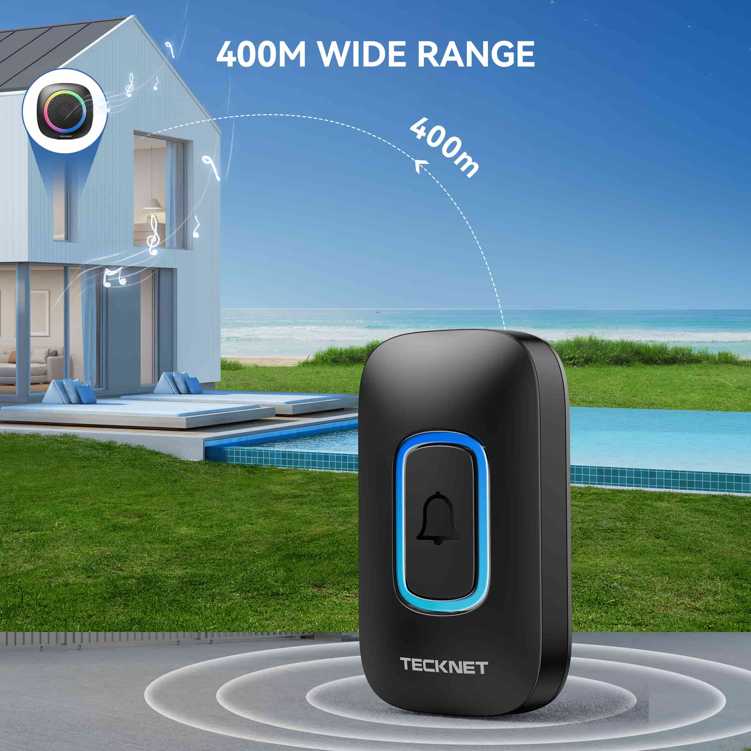 TECKNET Wireless Doorbell with 3 Portable Doorbell with RGB Light