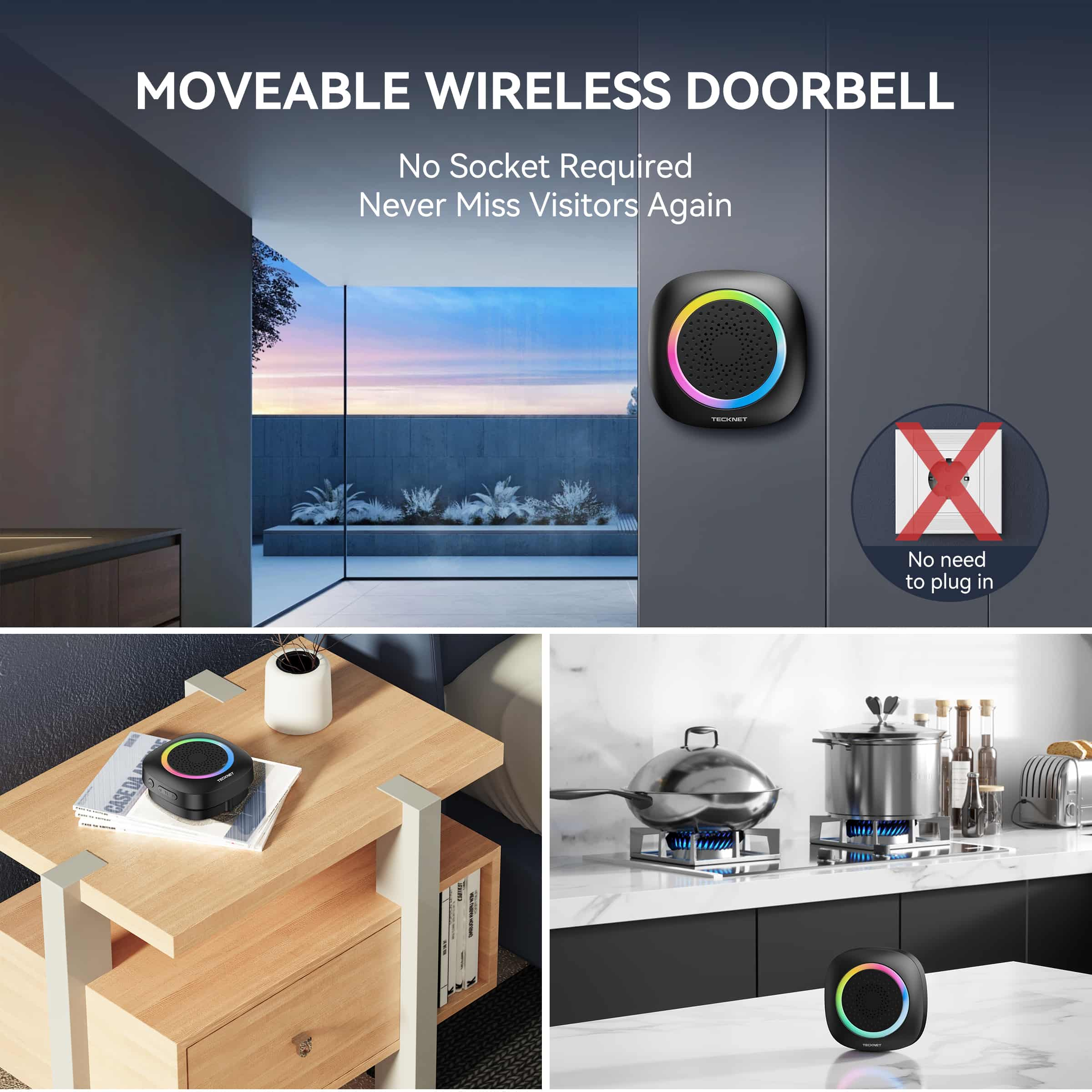 TECKNET Wireless Doorbell With 2 Portable Doorbell With RGB Light