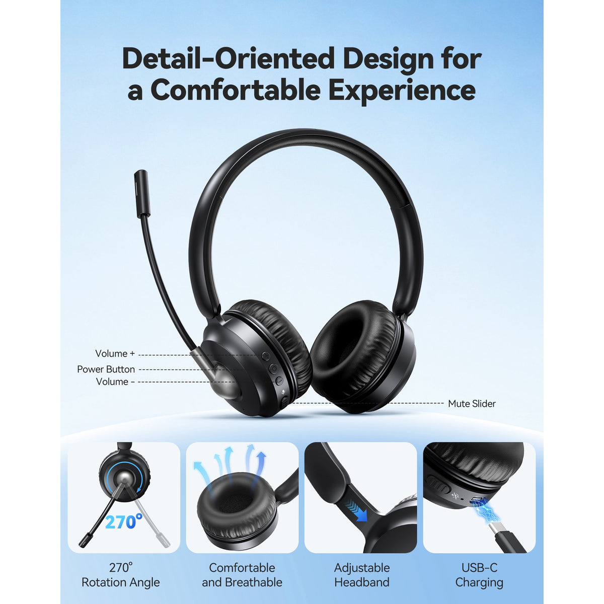 TECKNET Wireless Headset, Bluetooth Headset with Noise Cancelling Microphone - Rechargeable Bluetooth V5.2 Headphones, 50H Playtime & Mic Mute, On Ear Headphones for Trucker/Remote Work/Call Center