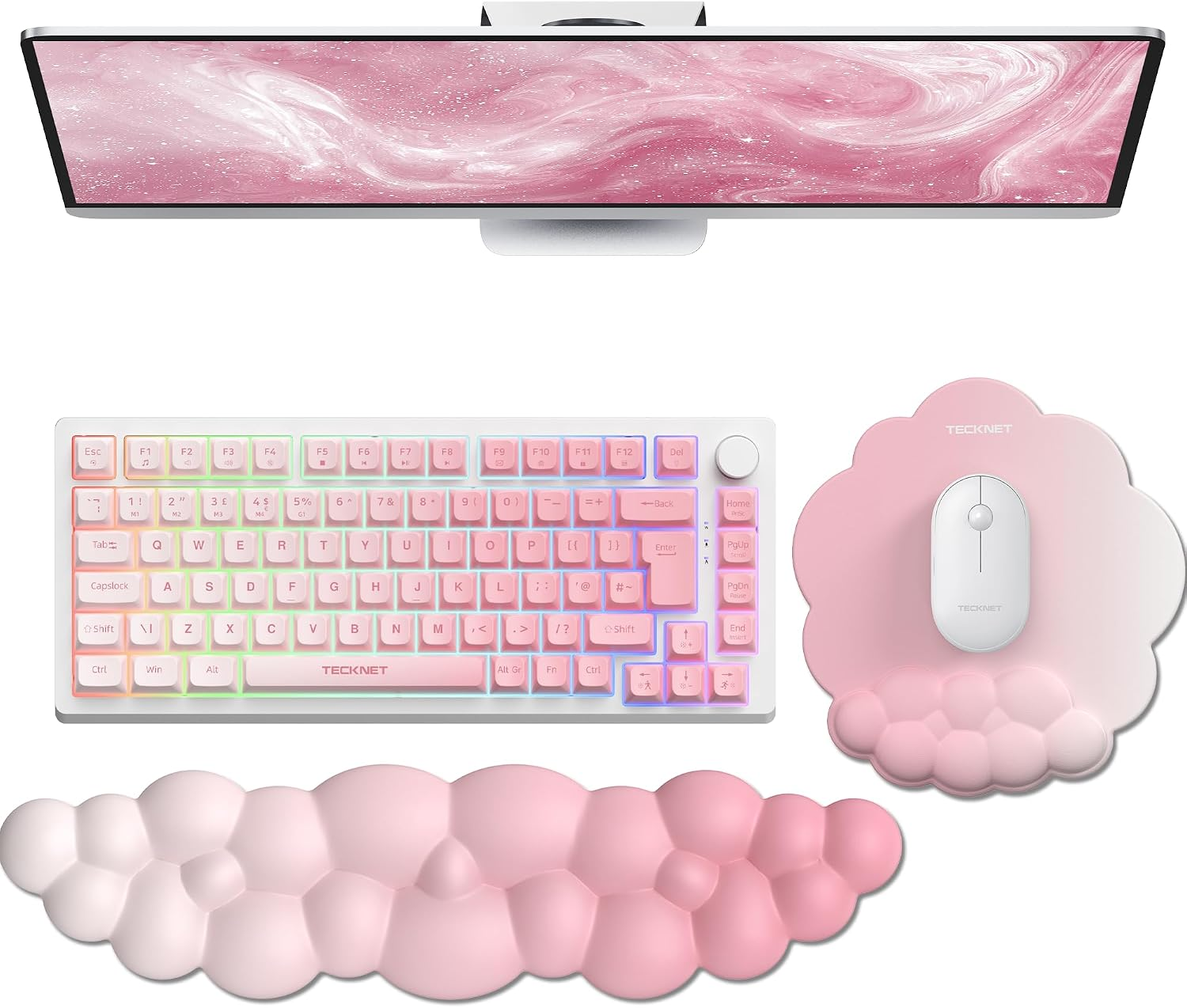 TECKNET BASICS Cloud Ergonomic Mouse Pad with Wrist Rest, Memory Foam Support & Non-Slip Base for Pain Relief, Office & Gaming, Pink