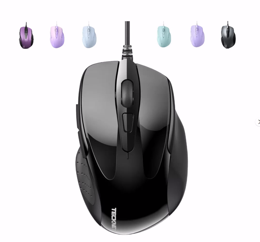 TECKNET BASICS Wired Mouse, 6-Button Corded with 4 Adjustable DPI, Optical Ergonomic Design, 5FT Cord