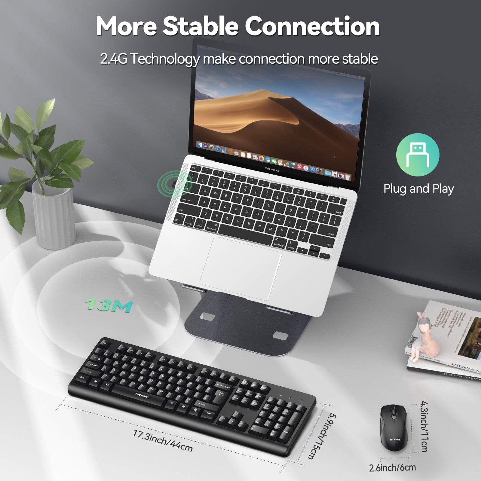 TECKNET BASICS Wireless Keyboard & Mouse Combo, Full-Size Ergonomic, Low-Noise Typing & Clicking, Long Battery Life, Spill-Resistant, 2.4G Lag-Free USB for PC/Laptop/Computer