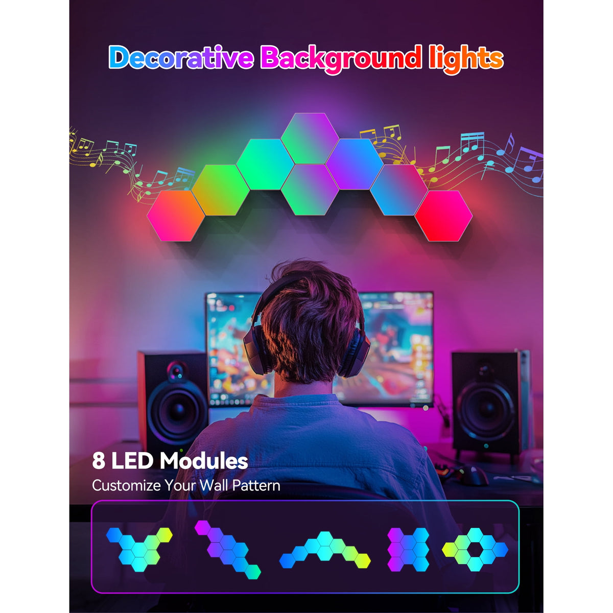 TECKNET Hexagon Light Panel - 8 Pack Smart APP RGB Hexagon LED Lights Wall Lights with Remote Control & Music Sync for Halloween Decor, Gaming Decor