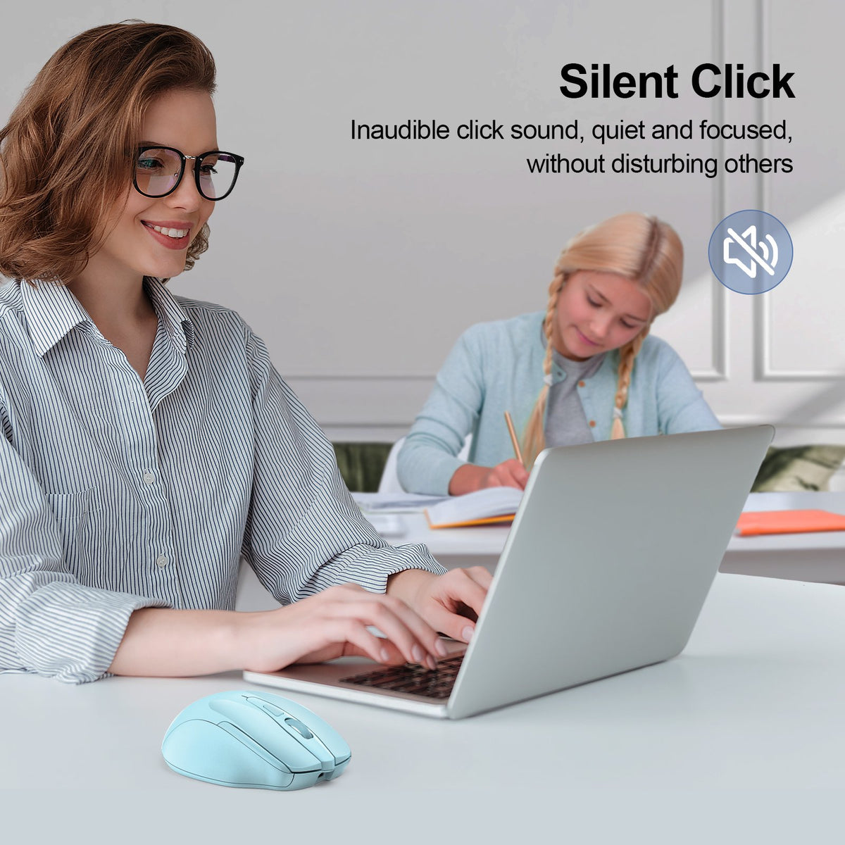 TECKNET Wireless Mouse (BT5.0/3.0 & 2.4G) Rechargeable 4800 DPI Silent USB A & Bluetooth Mouse 6 Buttons, Wide Compatibility - Lightblue