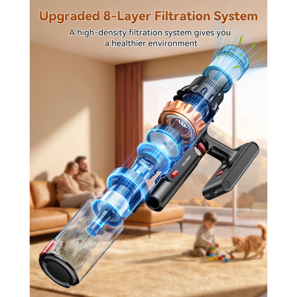 TechRise Basic 58kPa/680W Cordless Vacuum Cleaners for home, 70Mins Long Runtime, Anti-Tangle, Self-Standing for Pet Hair & Carpet