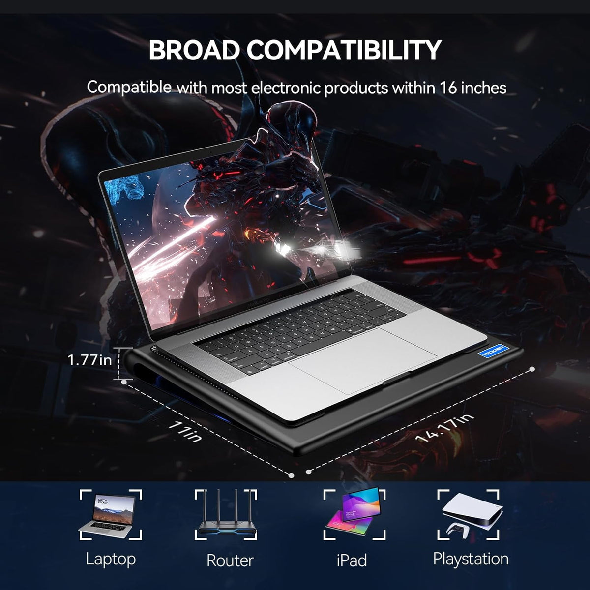 TECKNET BASICS Laptop Cooling Pad, Ultra-Quiet Cooler with Adjustable Fan Speeds, USB Powered Stand for 12-15.6" Gaming Laptops - Blue