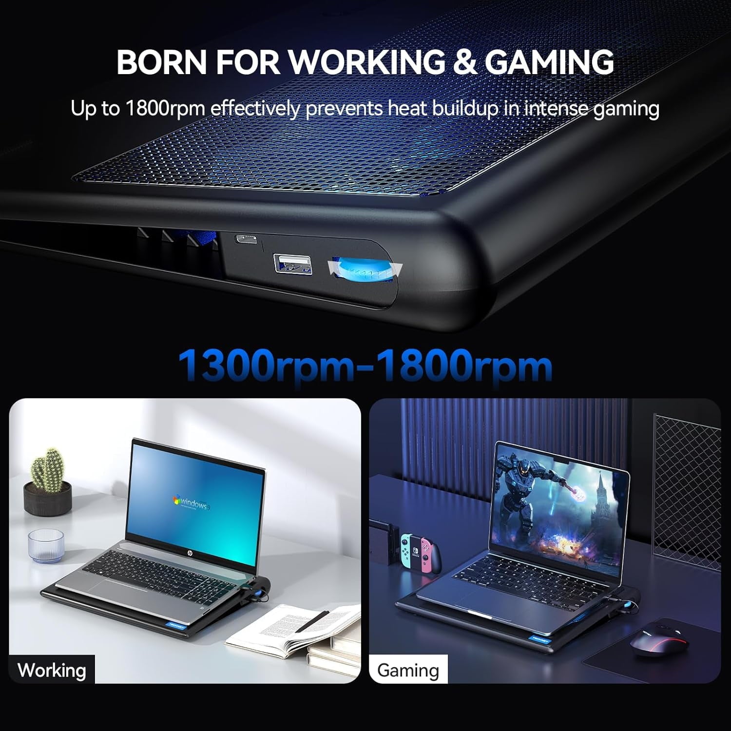 TECKNET BASICS Laptop Cooling Pad, Ultra-Quiet Cooler with Adjustable Fan Speeds, USB Powered Stand for 12-15.6" Gaming Laptops - Blue