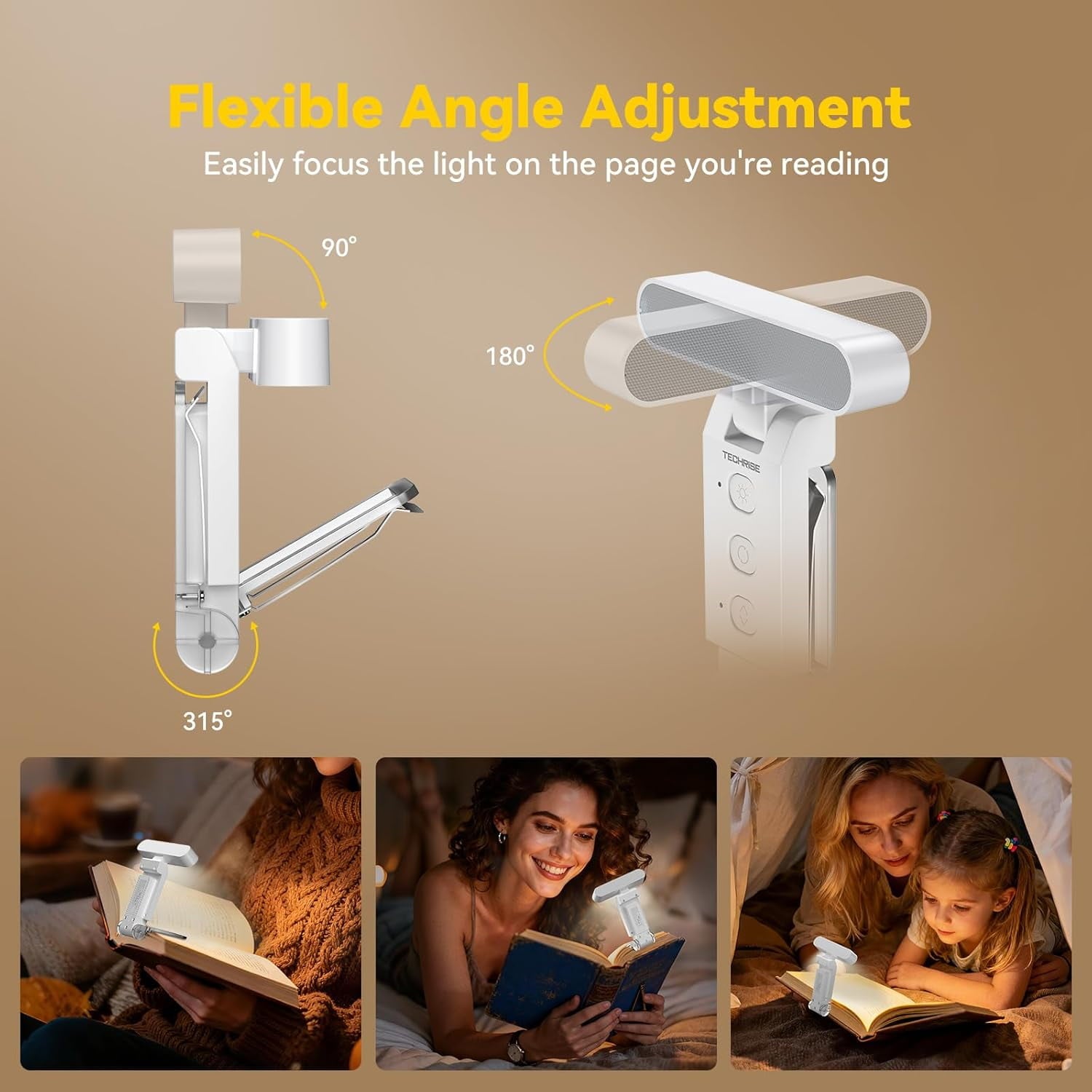 TechRise Book Light – 12 LED Clip-on Reading Light for Books in Bed. Rechargeable, Eye-Caring with Timer, 5 Color Temps & 6 Brightness, 80+ Hrs. Perfect for Kids & Book Lovers.