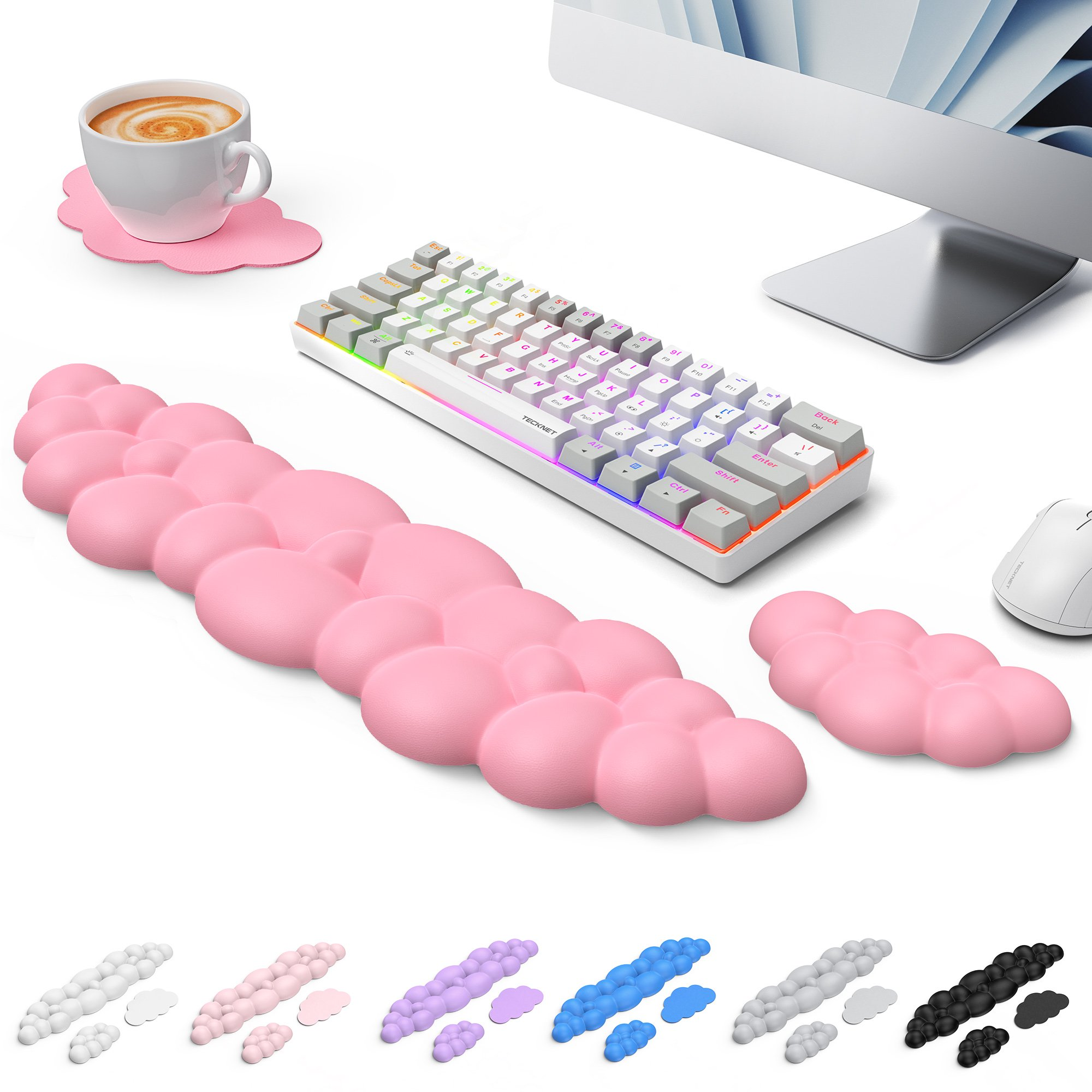 TECKNET BASICS Cloud Keyboard Wrist Rest Set, Non-Slip PU Leather Wrist Pad with Ergonomic Memory Foam, for Laptop/Office/Gaming & Pain Relief, Dark Pink