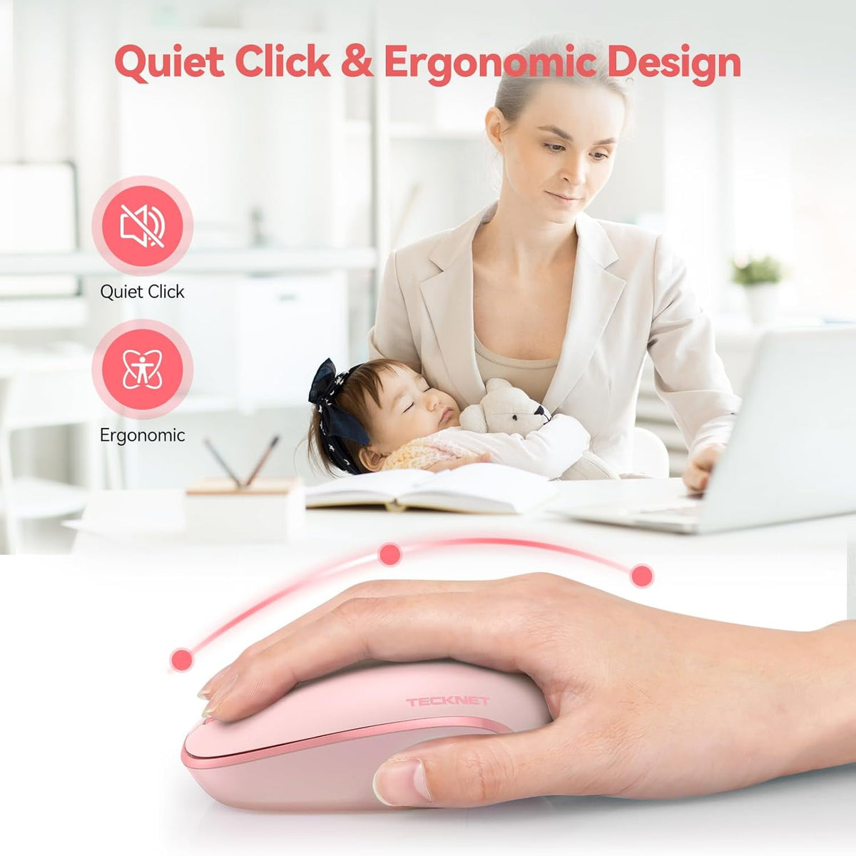 Wireless Mouse, 2.4G Quiet Computer Mouse with USB Receiver, 4 Buttons Portable Cordless Mice for Chromebook, Laptop, PC, Mac, 800/1200/1600 DPI