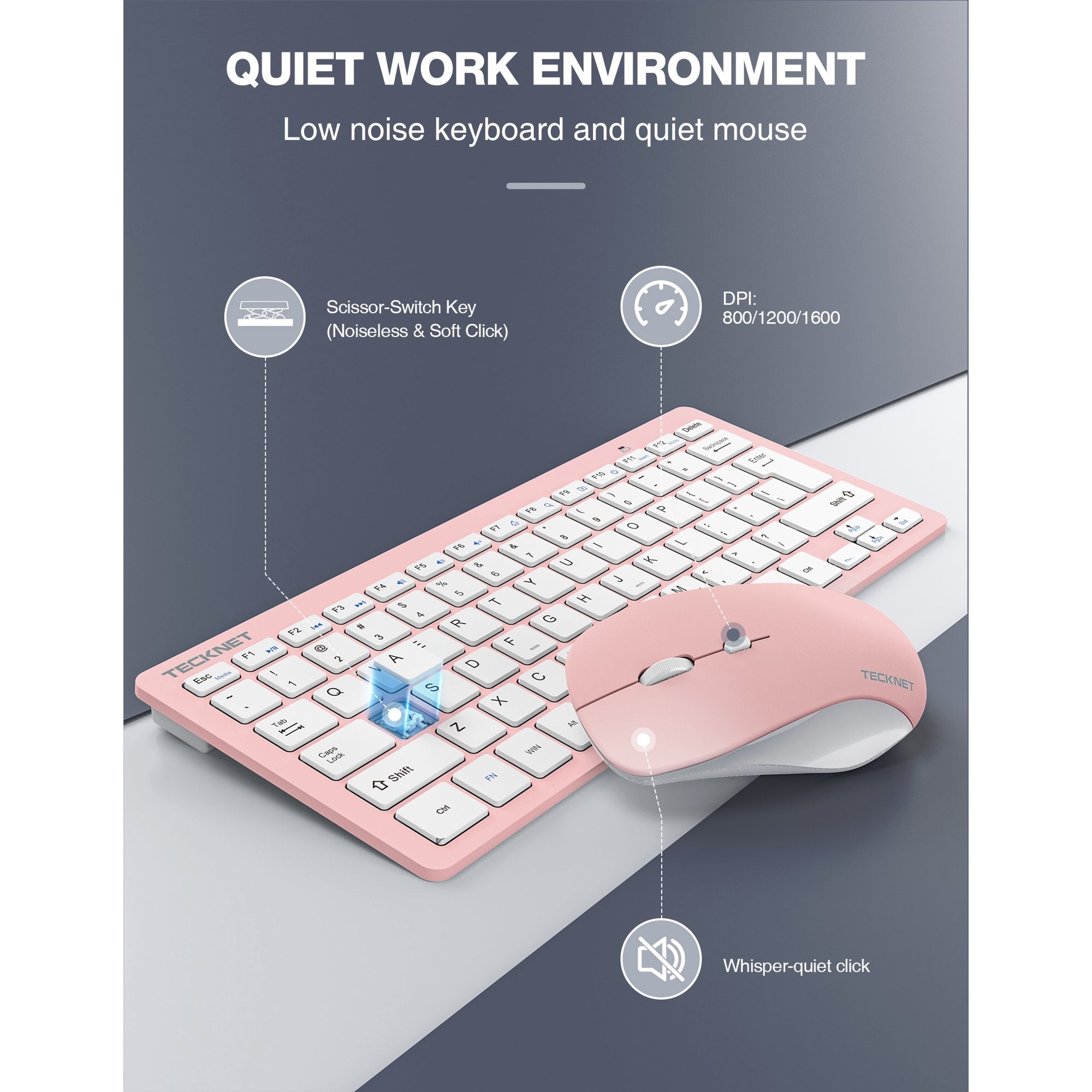 TECKNET Wireless Keyboard & Mouse Combo, 2.4GHz Mini Cordless Set, Silent Adjustable 1600 DPI, Quiet Click, Lag-Free for PC/Laptop/Mac/Chrome OS