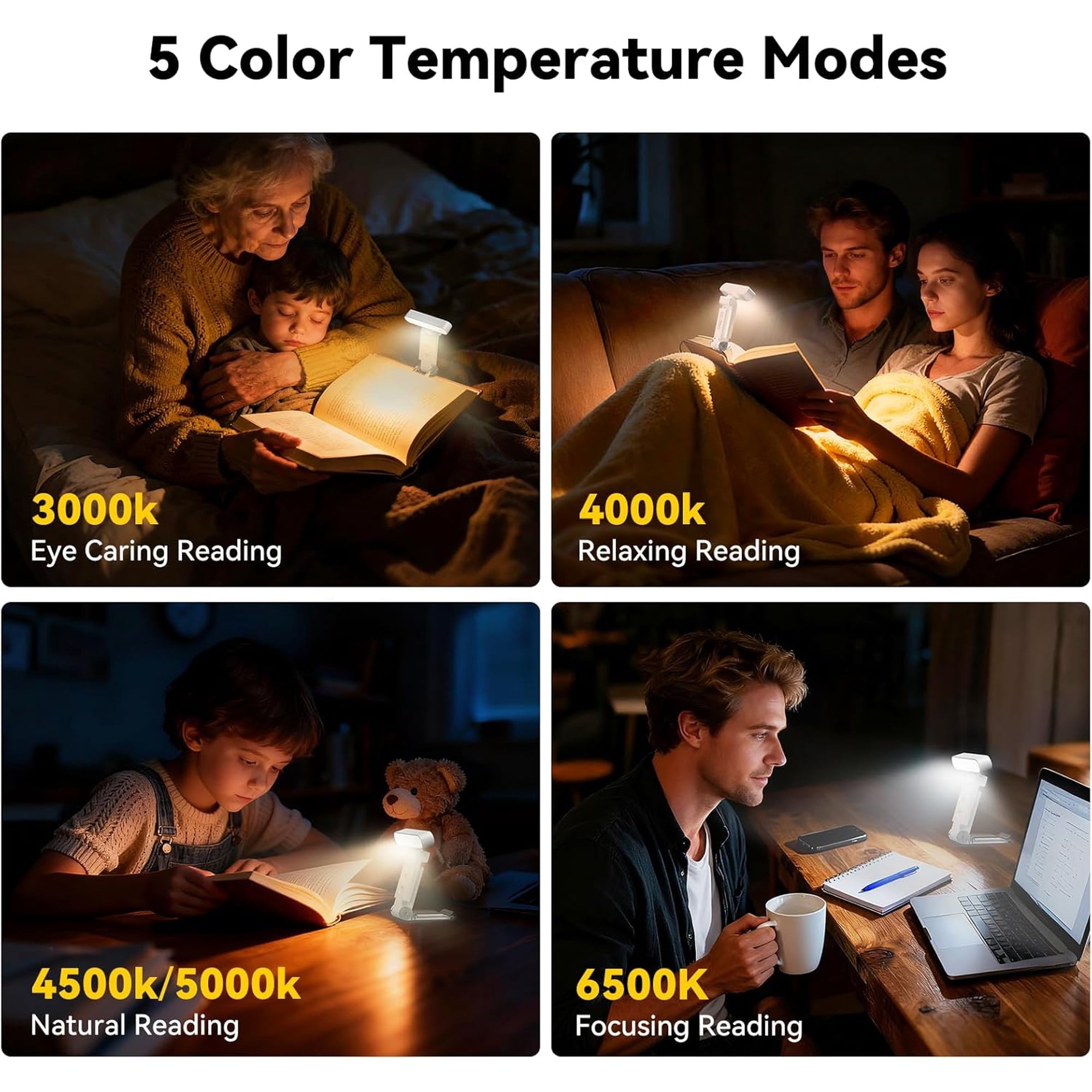 TechRise Book Light – 12 LED Clip-on Reading Light for Books in Bed. Rechargeable, Eye-Caring with Timer, 5 Color Temps & 6 Brightness, 80+ Hrs. Perfect for Kids & Book Lovers.