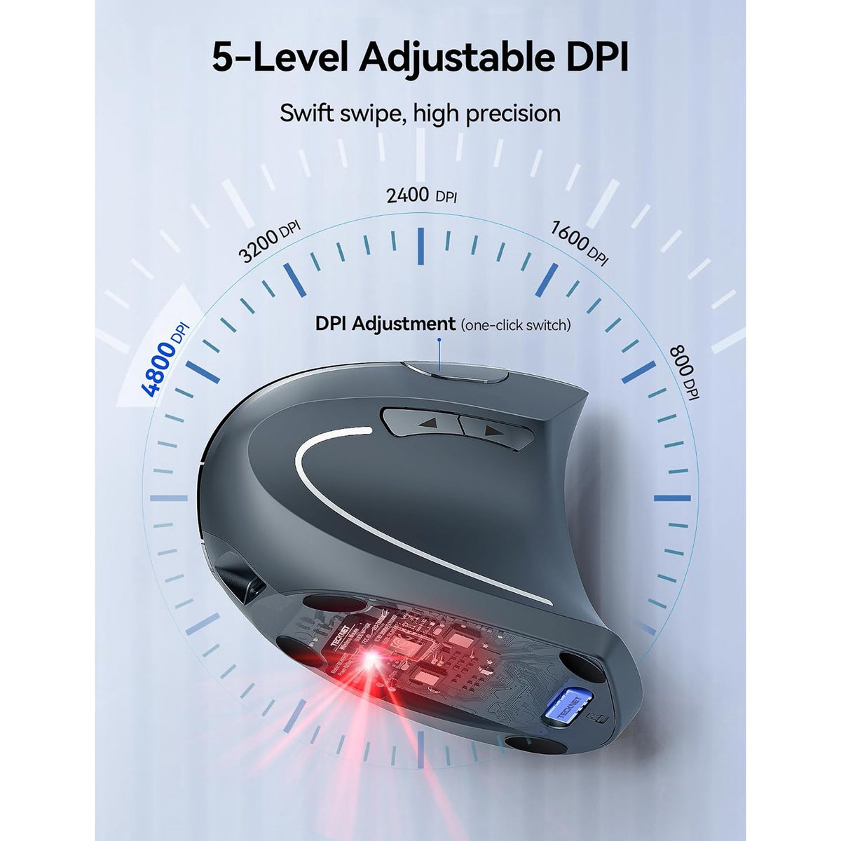 Rechargeable Wireless Ergonomic Mouse,2.4GHz USB Vertical Mouse with Silent Click,4800 DPI Mouse with 6 Adjustable DPI,6-Button Computer Mouse for Laptop,PC, MacBook (No Batteries Needed)