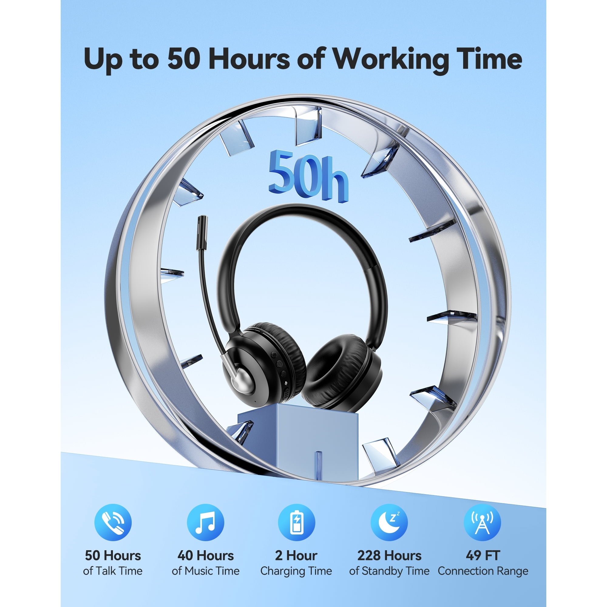 TECKNET Wireless Headset, Bluetooth Headset with Noise Cancelling Microphone - Rechargeable Bluetooth V5.2 Headphones, 50H Playtime & Mic Mute, On Ear Headphones for Trucker/Remote Work/Call Center
