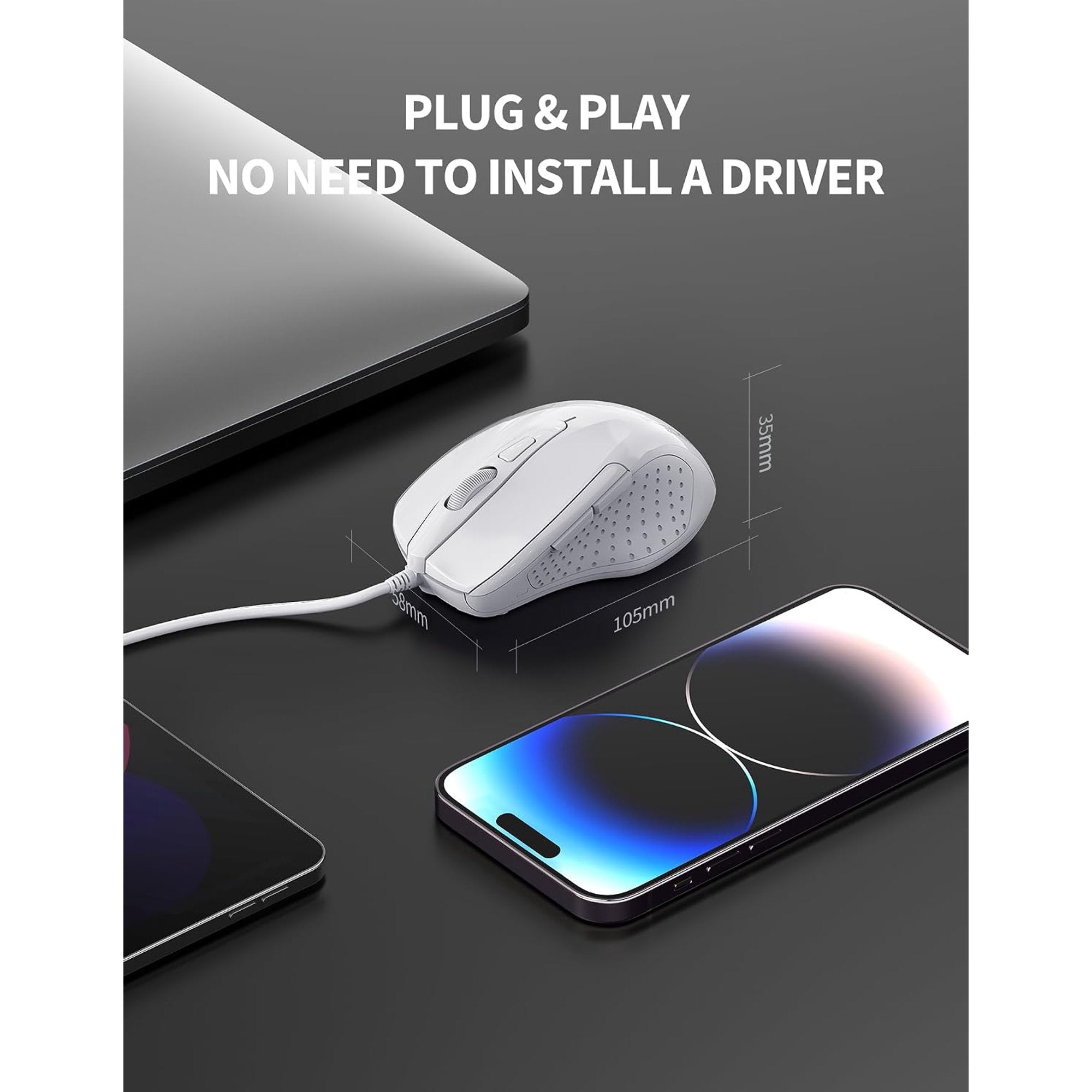 TECKNET Wired Mouse, 6-Button Corded with 4 Adjustable DPI, Optical Ergonomic Design, 8FT Cord for Laptop, Chromebook, PC, Desktop, Mac, Notebook - White