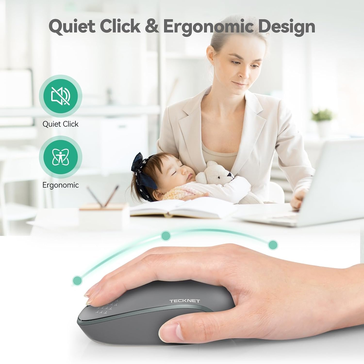 Wireless Mouse, 2.4G Quiet Computer Mouse with USB Receiver, 4 Buttons Portable Cordless Mice for Chromebook, Laptop, PC, Mac, 800/1200/1600 DPI
