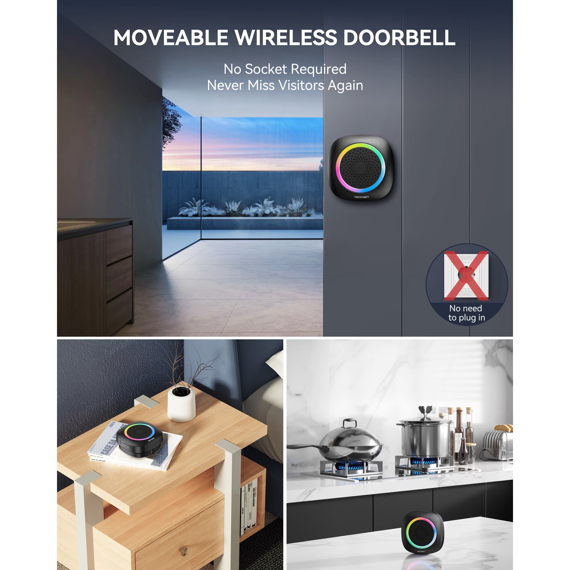 TECKNET Wireless Doorbell with 3 Portable Doorbells with RGB Light, Battery Powered IP66 Waterproof Door Chime Kit, 1300ft Wireless Range, 60 Chimes & 5 Level Volume, FCC Id:YI6RL-33TX
